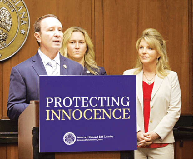 Louisiana Attorney General Jeff Landry, left, has called for legislation to restrict what children and teens  can check out from public libraries. State Rep. Julie Emerson, center, and Sen. Health Cloud will carry bills to achieve those objectives in the regular session that starts April 10. (Photo by Remi Tallo/Louisiana Illuminator)