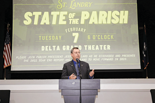 St. Landry President Jessie Bellard presents the State of the Parish program Tuesday at the Delta Grand Theatre. (Photos by Harlan Kirgan)