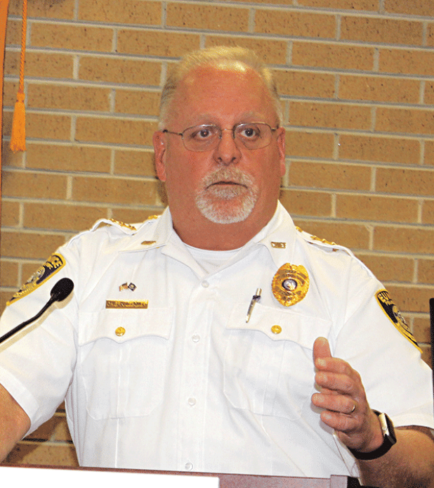 Eunice Police Chief Kyle LeBouef speaks at Wednesday’s Eunice Rotary Club meeting on his first year  in office. (Photo by Myra Miller)