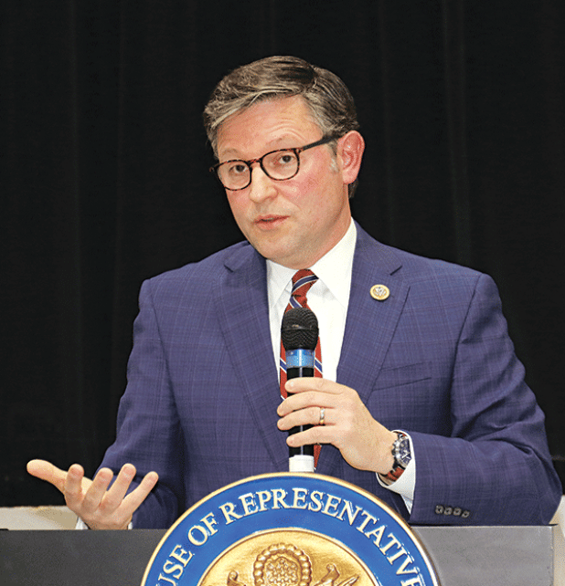 U.S. Rep. Mike Johnson speaks at a town hall meeting in February 2023 in Opelousas. Since then, Johnson has become Speaker of the House and his district no longer includes St. Landry Parish. (Photo by Harlan Kirgan)