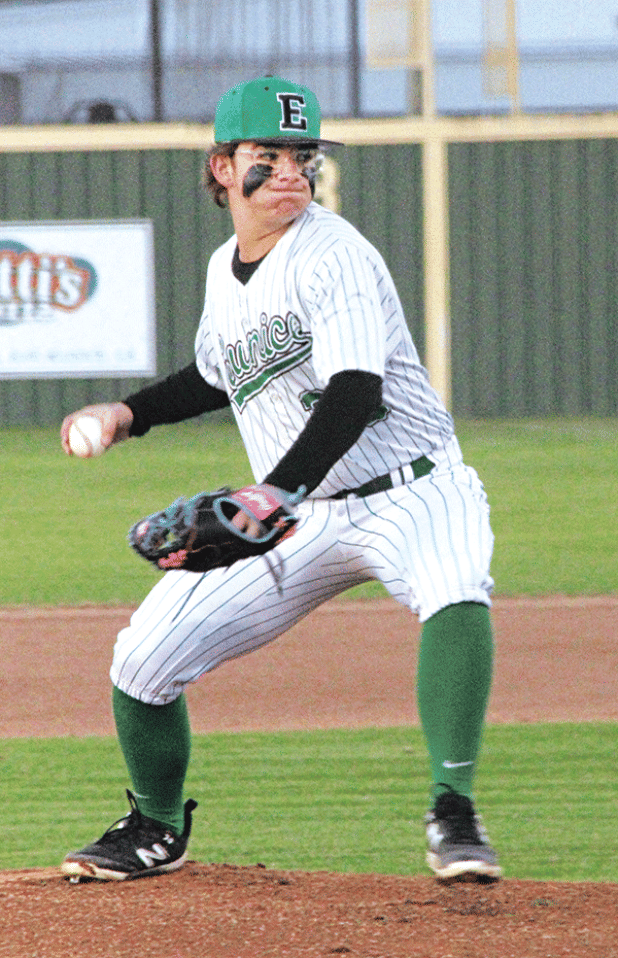 Eunice pitcher Aiden Lejeune fires in a pitch in Eunice’s 10-1 win over Mamou. The junior was solid in his win, going three innings. (Photo by Rhett Manuel)