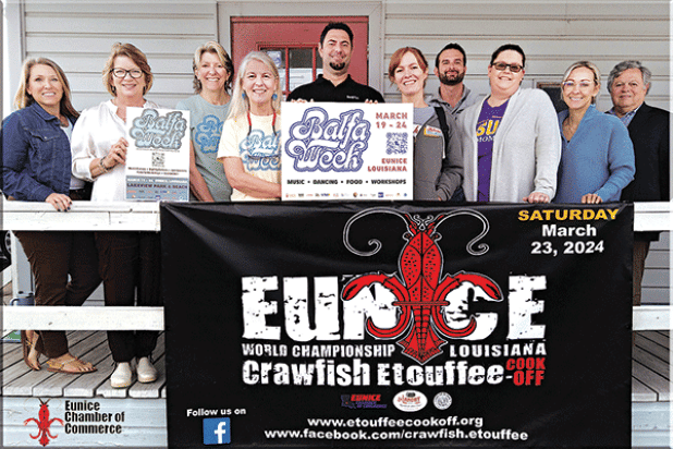 From left, are Deborah Eckholdt, Eunice Chamber Board member;  Susan Vigee, Eunice Chamber Board member; Jean Johnson, Louisiana Folk Roots treasurer;  Jeanne Solis, executive director Louisiana Folk Roots;  Jacob Bergeron, Eunice Chamber Board member; Bonnie Kyzar, Eunice Chamber Board member;  Broch Leger, Eunice Chamber vice president; Erika Fontenot, president; Kayla Heinen, Eunice Chamber executive director; and John Pucheu, Eunice Chamber Board member. (Submitted photo)