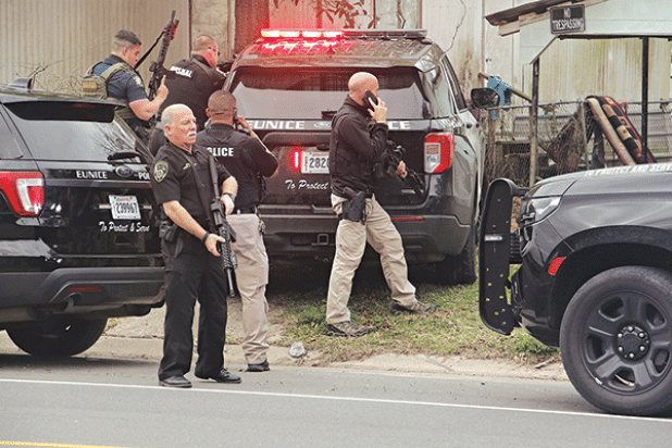 A Eunice man was the subject of a search of two residences in the 300 block of Aymond Street on Thursday morning. Eunice Police, Marshals and State Police were involved in the search. for Theobegi Levier, 30. (Photo by Harlan Kirgan) 