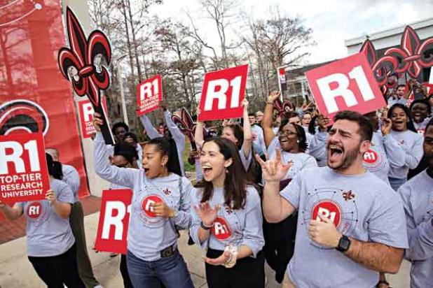 UL Lafayette faculty and staff members, students, and public officials gathered Wednesday to celebrate its recent designation as an R1 university, and talk about its significance. (Photo by Rachel Rafati / University of Louisiana at Lafayette)
