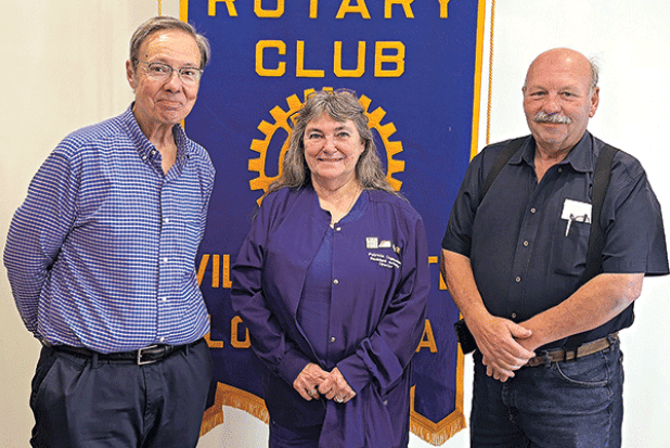 From left are KVPI General Manager Mark Layne, Heritage Manor activity director and Rotarian Pat Duplechin, and Rotary President Bob Manuel. (Ville Platte Gazette photo by Tony Marks) 
