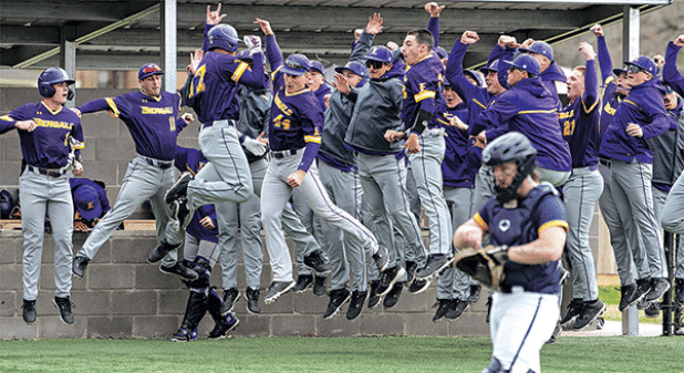 LSUE Baseball celebrates a solo home run by Cash Riley (17) in the second game of its doubleheader with SAU Tech on Saturday in Crowley. (LSUE photo)