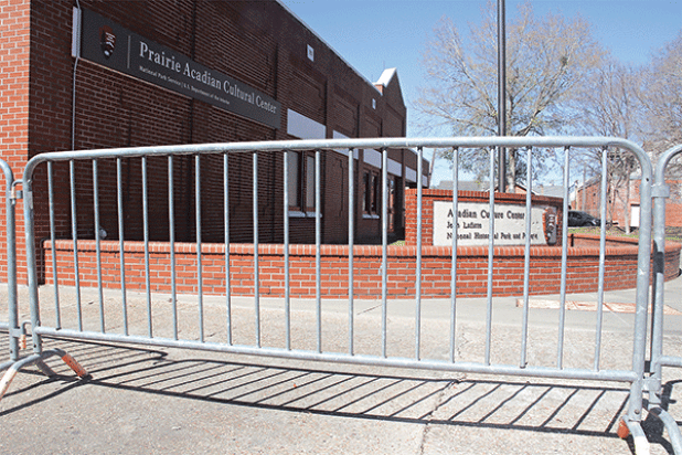 Barricades were up around the Prairie Acadian Cultural Center. The Center is scheduled to reopen at noon Friday.  (Photo by Harlan Kirgan)