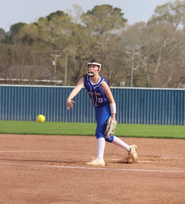 St. Edmund softball player Gracie Gaspard pitched four innings Saturday for the Lady Jays striking out seven and walking two (zero earned runs). In the fourth inning, the Jays 15 run ruled Rapides with a final score of 16-1. (Photo by Amy Myers)