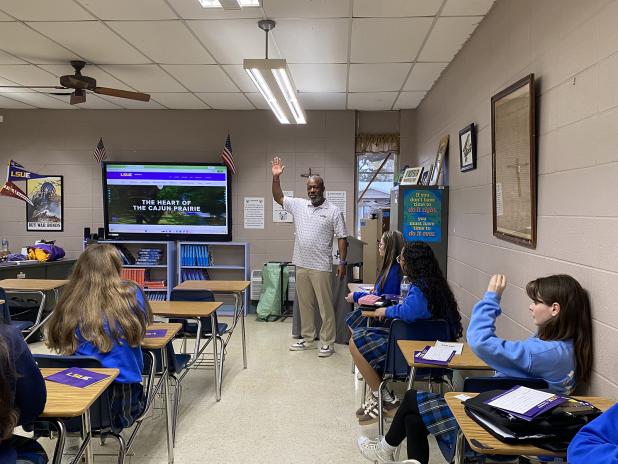 Chad Jones, institutional liaison officer at Louisiana State University Eunice, visited St. Edmund High School juniors recently