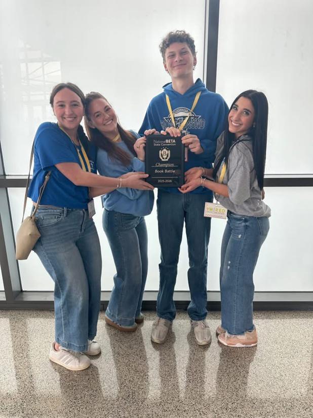 lacing first place in the Book Battle Reading Competition were Caroline Heinen, Stella Summerlin, Dane Fontenot, and Sophie LeBleu, and Caroline Heinen placed second in Psychology. From left are Sophie LeBleu, Stella Summerlin, Dane Fontenot and Caroline Heinen. (Submitted photo)