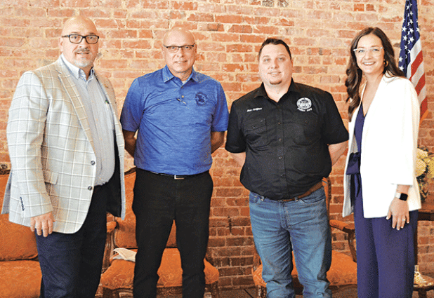 The Acadia Parish Chamber of Commerce hosted the annual “State of the Parish” luncheon Wednesday at The Grand Opera House of the South. Participants included, from left, Sheriff K.P. Gibson, Superintendent Scott Richard, Police Jury President Beau Petitjean and Chamber Interim CEO Elizabeth Milller, moderator. (Photo by Steve Bandy/Crowley Post-Signal)