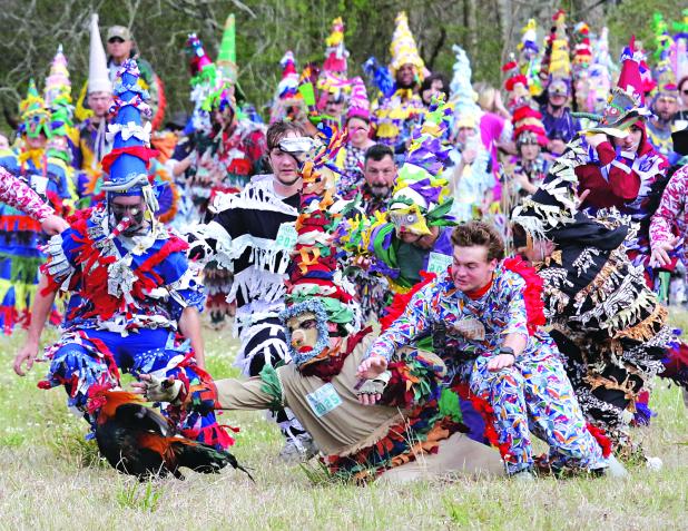 A rooster attempts to flee a frenzied pursuit by Mardi Gras runners Tuesday morning About 800 people registered for the run, according to Capitaine Pat Frey. Turn to Page 7 for more photos. (Photos by Harlan Kirgan)