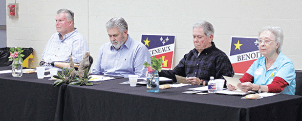Leading discussions and planning for the planning meeting/working breakfast held by Louisiane Acadie, Inc., on Feb. 29, at the Mural Room of the Rayne Civic Center Complex were, from left, John Broussard, Randy Menard, Michael Vincent and Gayle Breaux Smith. (Rayne Acadian-Tribune photo by Lisa Soileaux)