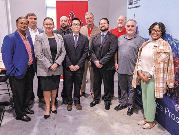 Front row, from left: Dr. Ramesh Kolluru, vice president of Research, Innovation, and Economic Development; Deidre Deculus Robert, director of state USDA Rural Development; Dr. Peng Solomon Yin, associate professor in Mechanical Engineering and principal investigator of the REAP grant; Chaston Price, coordinator of state USDA Rural Development Energy; Dr. Terry Chambers, director of the University’s EDA-funded Green Hydrogen Center of Excellence and its Energy Efficiency and Sustainable Energy Center and co