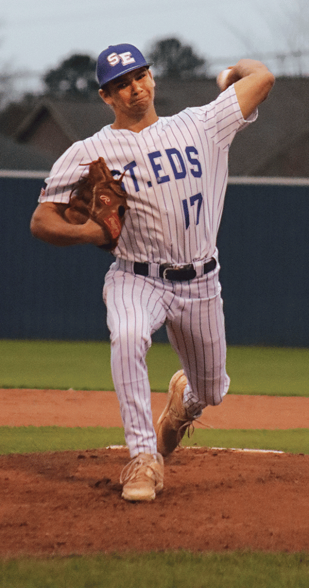St. Edmund’s David Evans pitches in the losing effort against Iota. (Photo by Amy Myers)