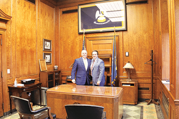 State Rep. Phillip DeVillier, right, is in the House Speaker’s office with outgoing speaker Clay Schexnayder on Jan. 8. The photo was taken before DeVillier took his oath as House Speaker. On Monday, DeVillier will preside over his first regular session as Speaker. He has presided over two special sessions. (Photo by Harlan Kirgan)