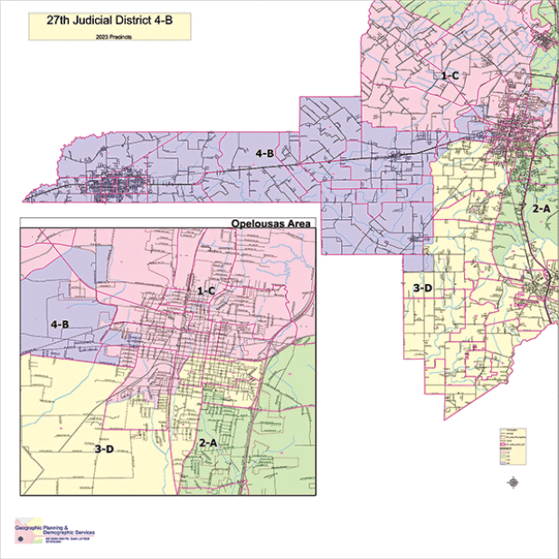 The map shows the Division B election area for the 27th Judicial District. The district has 12,083 registered voters. At the end of early voting on Thursday, 2,274 votes had been cast. The map is courtesy of St. Landry Parish Registrar of Voters Byron Stelly. 