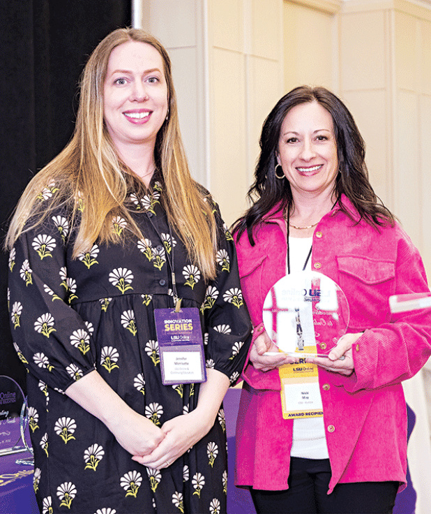 LSU Eunice assistant professor Nikki May, right, receives the Innovative Contributions to Online Learning at the recent Innovation Series from LSU Online and Continuing Education’s Jennifer Morrisette, left. (LSUE photo) 