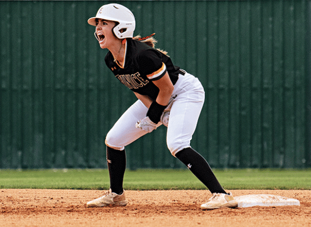Kate Rills celebrates a two-run double during action against Tyler JC on Wednesday. (LSUE photo)