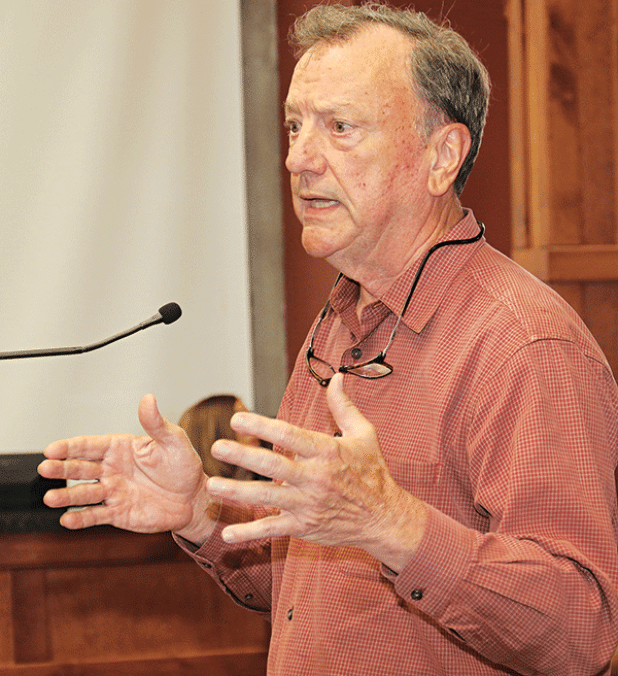 Tommy DeJean, an Opelousas attorney representing the Sons of Confederate Veterans, explains the status of moving a Confederate monument off the St. Landry Parish courthouse grounds at Wednesday’s Parish Council meeting in Opelousas. (Photo by Harlan Kirgan)