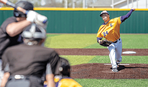 McCray Jacobs makes a pitch during Sunday’s win vs. North Iowa Area CC. (LSUE photo)