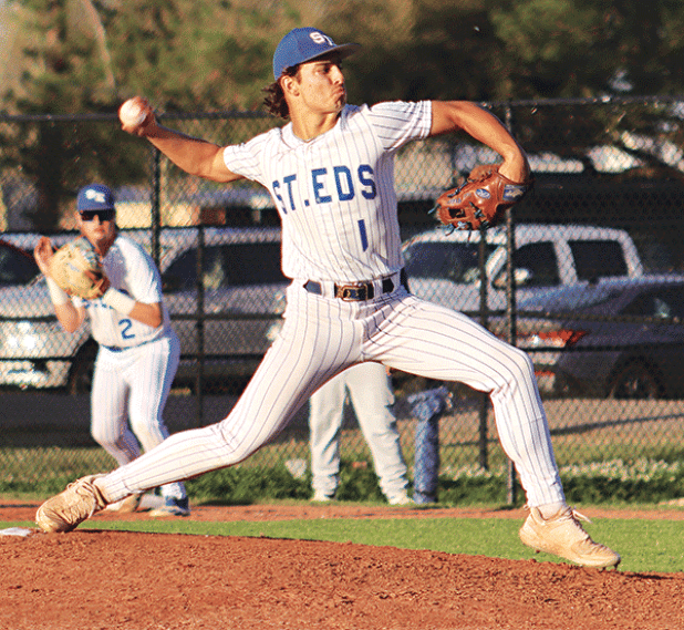 St. Edmund’s Ian Rider pitching against Sacred Heart on March 18. (Photo by Amy Myers)