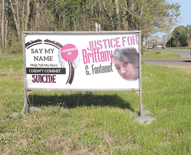 After the death of Brittany Fontenot signs like this one at the intersection of U.S. 190 and la. 95 appeared in the area. Evangeline Parish Sheriff Charles Guillory announced that Brittney’s husband, Ray Charles Fontenot Jr., is named in an arrest warrant issued Wednesday for one count of second-degree murder in her death. (Photo by Harlan Kirgan)