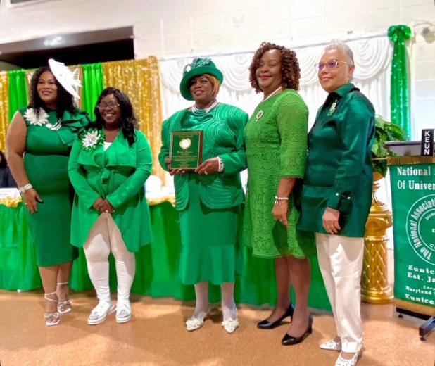 The NAUW Eunice Branch members selected its 2025 NAUW Woman of the Year. Receiving the distinquished honor is Denise Antoine. From left, are Shelsy Williams, president; Chiquita Dominique, emcee; Denise W. Antoine, honoree; Betty Wilkerson, National NAUW Inc. president; and Mary Gothe, South Central Lay member. (Submitted photo) 