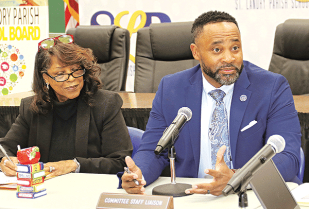 From left, St. Landry Parish School Board President Joyce Haynes and Courtney Joiner, Board attorney, during the Executive Committee meeting on March 27. Joiner was discussing the procedure for hiring a new school superintendent. (Photo  by Harlan Kirgan)