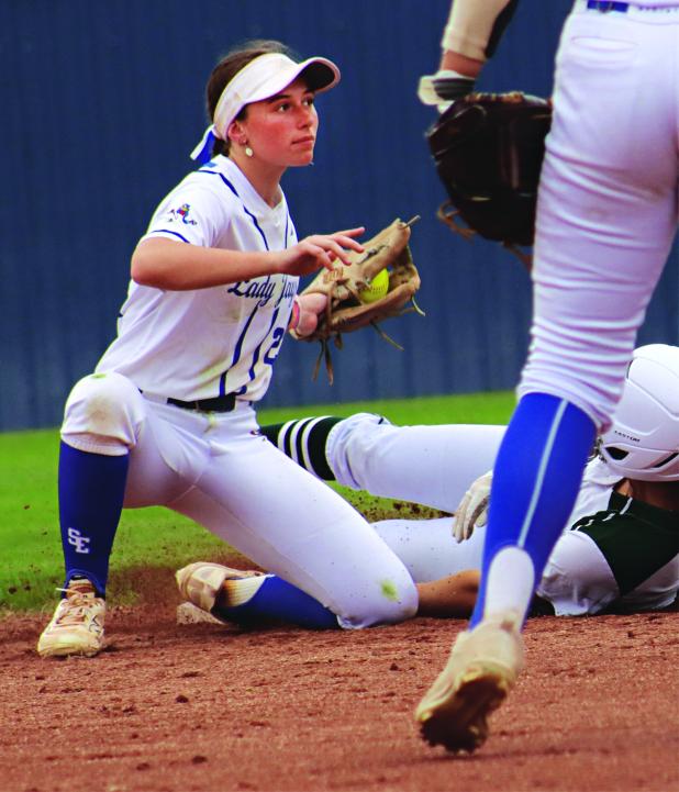 Caroline Lavergne makes an out at 2nd base against Point Coupee on March 27. (Photo by Amy Myers)
