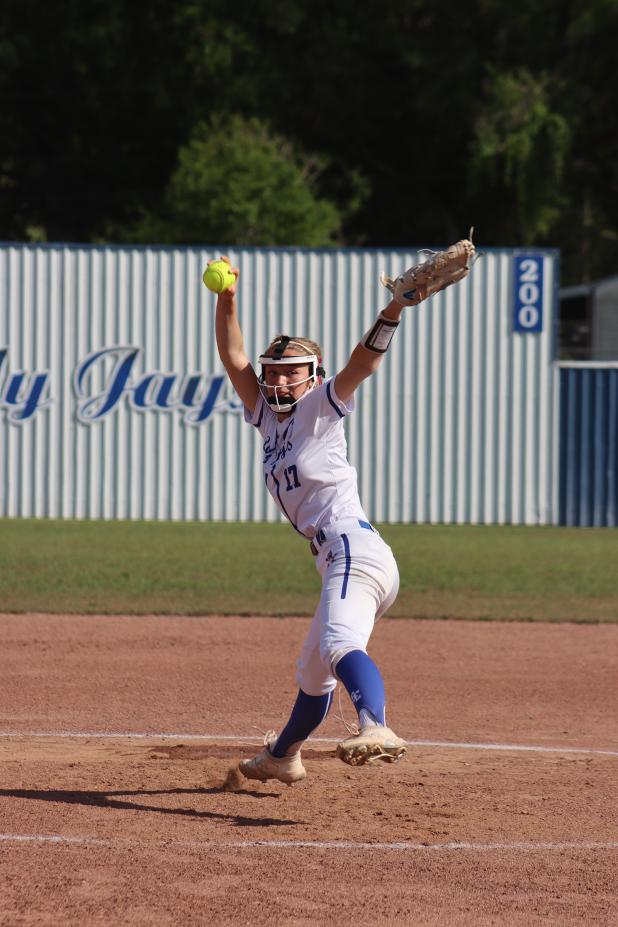 St. Edmund defeated Lake Arthur in 5 innings Monday, March 30 with a score of 16-2. Pictured is Brianna Lopez pitching for the team. (Photo by Amy Myers)