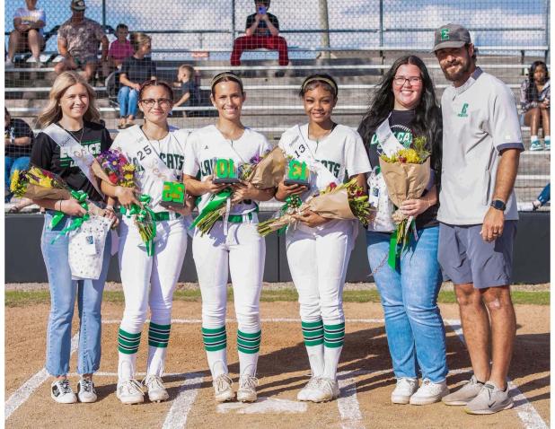 Eunice High Lady Cats Senior night was recently held. From left are Olivia Fuselier, Myka Grace Fontenot, Sydni Miller, De’Miyah Reed, Sarah Claire Vienne and Coach Trenon Trosclair. 