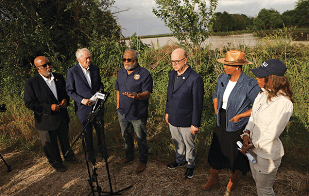 From left, U.S. Rep. Bennie Thompson, Sen. Edward J. Markey, Rep. Troy Carter, Rep. Jim McGovern, Rep. Ayanna Pressley and Alanah Odoms, executive director of the ACLU of Louisiana, speak with reports during a news conference held April 22 outside an ICE detention facility in Basile. (John Gray/Verite News)