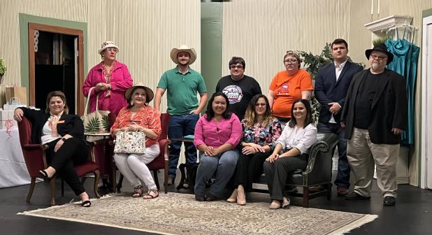 Cast of “Southern Fried Nuptials” seated from left, Callie Reiners as MarthaAnn, Joan Fontenot as Fairy June, Deshae Davis as Harlene, JoRene Lanclow as Dorothy  and Kristi Burleigh as Sammy Jo; Standing, Gabrielle Land Reed as Ozella Meeks, Camren Smith as Carter, Josh Faulkner as Atticus (Attie) Van Leer, Jack Reed as Dewey Frye, Jr, Hayden LaSage as Beecham, and Dr. Kevin Miller as Vester Pickens. (Submitted photo)