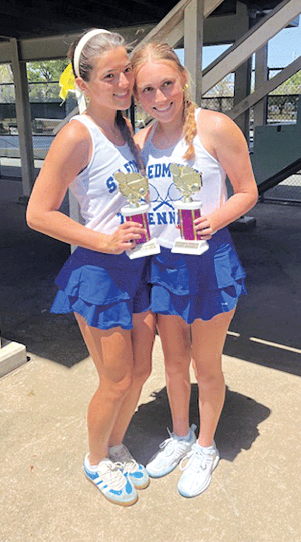 Jillian DeVillier, left, and Clara Brown, both seniors at St. Edmund High School, are regional champs, girls doubles, in tennis. The duo played  in Alexandria in the Division IV, Regional II Tennis Tournament. They won 6-3, 6-4 in the championship round against a team from Menard High. DeVillier has won regionals four years in a row and Brown has won regionals two years in a row. (Submitted photo)