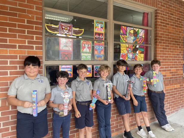 Brittany Comeaux’s fourth grade students at St. Edmund Elementary have been learning about Native American Culture. They have just finished a lesson on totem poles and how each tribe had their own totem pole. Each student chose their own images for their totem poles and came together to make class models