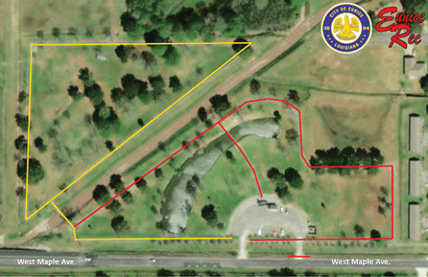 Construction on new and extended walking paths and adult fitness equipment at the Eunice Community Nature Trail and Park is scheduled to begin Monday. During the first phase of the work, the eastern driveway and part of the track — indicated in red — will be closed to the public. The path indicated by the yellow lines will be open for use. When the first phase is completed another map will be released according to Robert Johnson, city recreation director.  The city received a $400,000 grant from Love Louisi