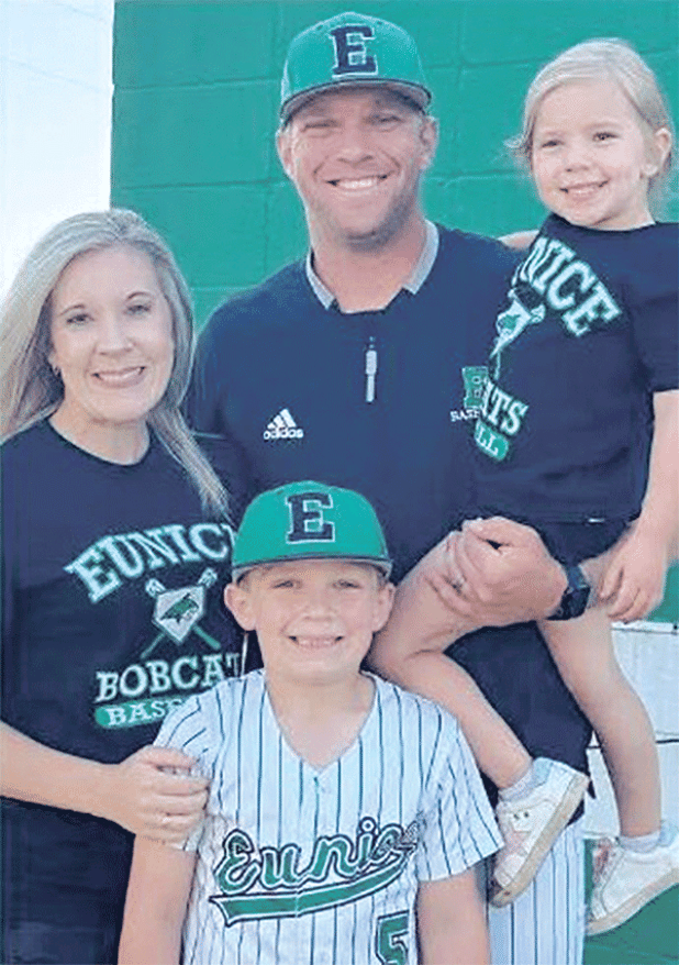 New Eunice head coach Stuart Turner takes over for the retiring Scott Phillips. An alumni of Eunice High, Turner has been an assistant at the school in baseball and football since 2020. He played college baseball at LSUE and Ole Miss and played professionally with the Cincinnati Reds after being drafted by the Minnesota Twins in the third round of the Major League Baseball Amateur Draft. He is married to Danielle and has two children, Easton and Haven. (Photo courtesy of Eunice High School)