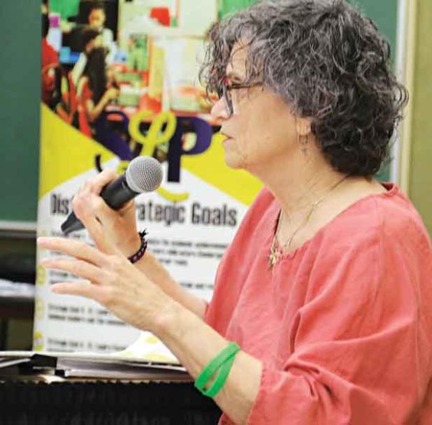 St. Landry Parish School Board Member Mary Ellen Donatto makes her point about closing or consolidating schools at meeting on Monday. (Photos by Harlan Kirgan)