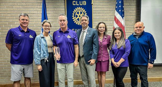 Jeff Willis, LSU Eunice Athletic Director and Head Baseball Coach is the 2025 Eunice Rotary Club Citizen of the Year. From left are Alan Orgain, LSUE Assistant baseball coach; Lindsey Willis, Willis, LSUE Vice Chancellor of Athletics and Head baseball coach; Scott Fontenot, Mayor; Nancee Sorenson, LSUE Chancellor; April Fontenot, LSUE Athletics Office manager; Van Reed, Rotary secretary and Director of  Emergency Preparedness & PIO. (Photo by Dwight Jodon)