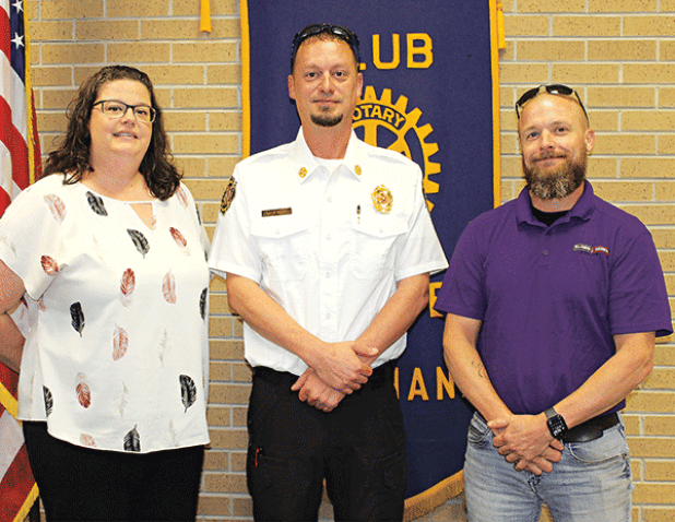 Eunice Fire Chief Chaise Brown was the guest speaker Wednesday at the Eunice Rotary Club meeting. From left are Erika Fontenot, Rotary Club president-elect; Brown; and Greg “Stormy” Soileau, a Rotarian. Brown was the guest of Soileau. (Photo by Myra Miller)