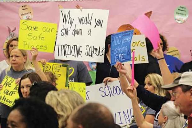 The St. Landry Parish School Board meeting was packed iwith people on Thursday protesting the possible closing or consolidation of schools. The protest was calmed when School Board President Albert Hayes Jr. announced the issue was not on the meeting’s agenda. (Photos by Harlan Kirgan)