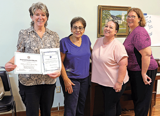 The Bulb & Blossom Garden Club members met for their May meeting. Jean Johnson was recognized for her first place LGCF award, Wille A. Hundley Public Relations Award for her horticulture articles published bi-monthly in The Eunice News. From left are Johnson, Donna Baltakis, president; Crystal Manuel and April DeRouen. (Submitted photo)