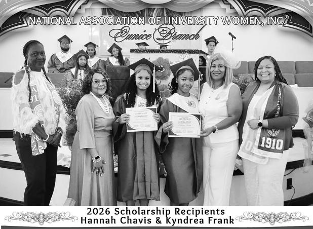 Pictured from left are Patricia Harrison,  Secondly Vice President,  Philomena Bernard, Charter Branch Member, Scholarship recipient,  Hannah Chavis,  Scholarship recipient,  Kyn’drea Frank, Shelsy Williams,  Branch President and Crystal Wiley,  First Vice President. 