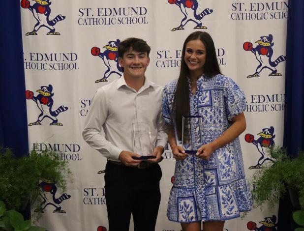 St. Edmund High students Lannie Reed and Aubrie LeJeune received the “Tom Dodge Christian Character Award.” (Photo by Amy Myers)
