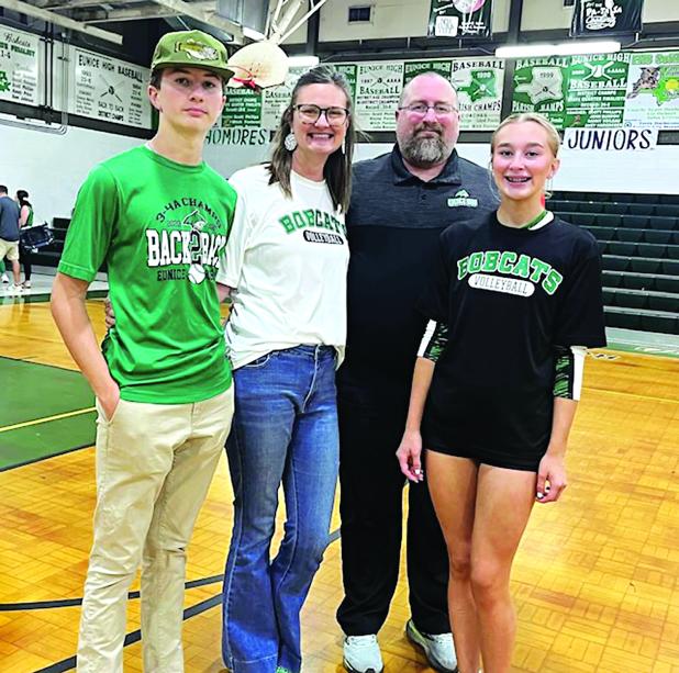 Coach Tre Brown with his family. From left are his son, Beau, a sophomore at Eunice High; his wife, Lauren; Brown, and his daughter, Ava Grace, a senior at Eunice High. (Photo by Rhett Manuel)