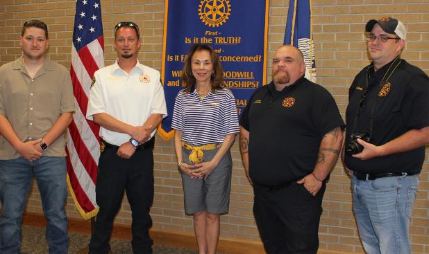 Eunice firefighters were guests at the Eunice Rotary Club Wednesday. Capt. Jeremy Faulkner and Fire Chief Chaise Brown gave some details of the fire that occurred at Nick’s on 2nd. From left, are Blake Michael Smith, firefighter operator, Brown, LSUE Chancellor Nancee Sorenson, Rotary president, Faulkner and Capt. Kevin Lalonde. (Photo by Myra Miller)