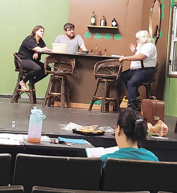 From left, are Becca LaFleur as Abby, Josh Faulkner as Jamie, and Brett Faulkner as Man rehearse a scene from ‘Now and Then’ at the Eunice Players’ Theatre. (Submitted photo)