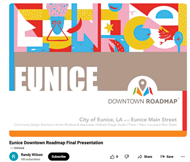 A video of the Downtown Eunice Visioning session has been posted at: https://www.youtube.com/watch?v=QPcrbU0p2V4.  (Screenshot from youtube.com)