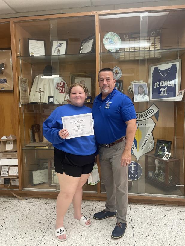 Emma-Kate Reed, a seventh grader at St. Edmund, earned a perfect attendance certificate at the end of the school term awards program.